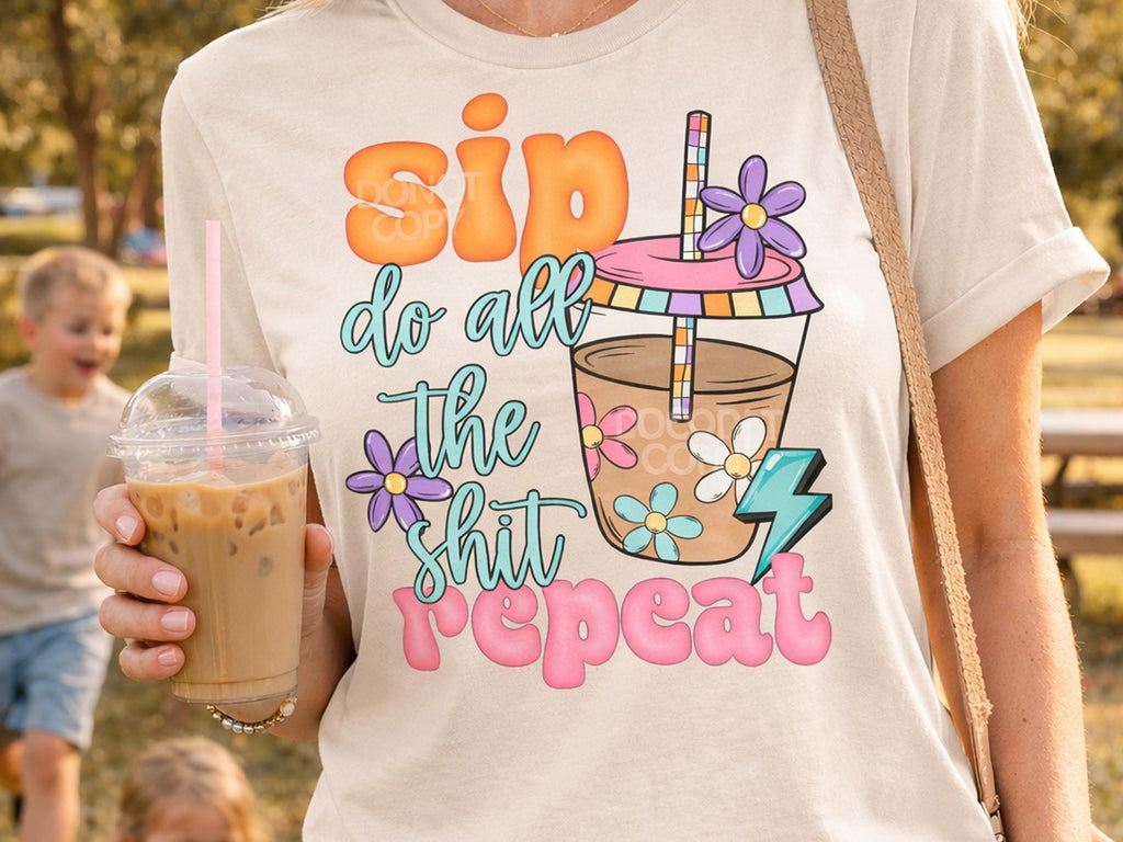 Funny Mom Shirt, Sip Do It All Repeat Softstyle T-Shirt