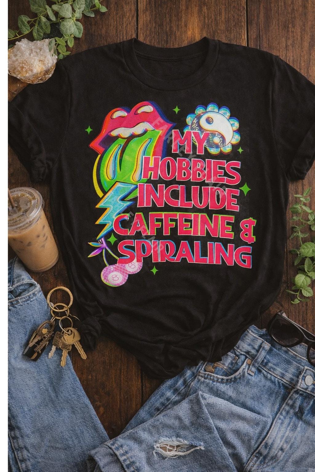 Caffeine Spiraling Retro Neon Graphic Tee, Funny Relatable T-Shirt