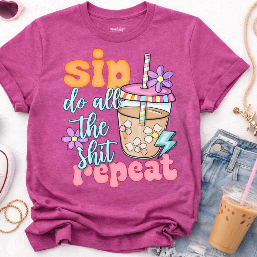 Funny Mom Shirt, Sip Do It All Repeat Softstyle T-Shirt