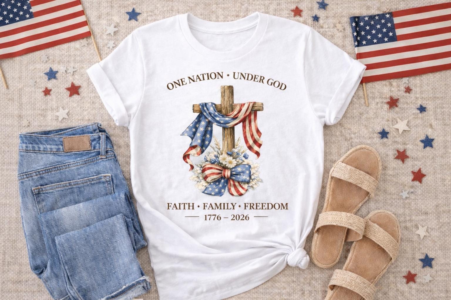 Patriotic Shirt, 4th of July Shirt, Christian Shirt, One Nation Under God Tee, American Flag Shirt, Faith Family Freedom Tee, Mothers Day Gi