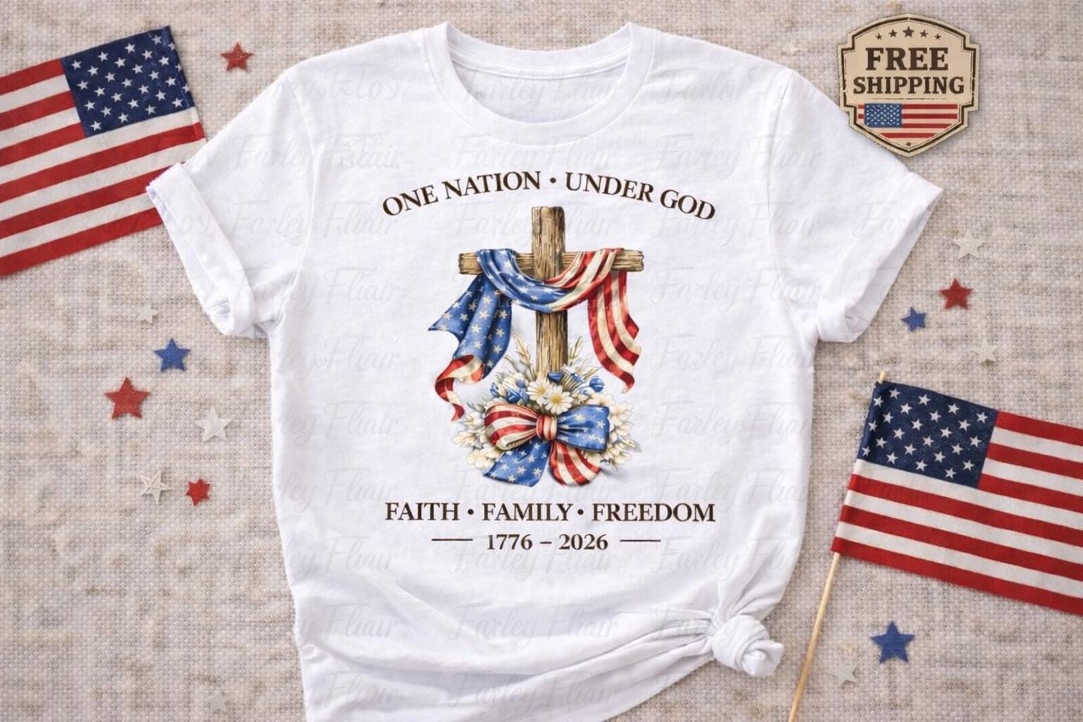 Patriotic Shirt, 4th of July Shirt, Christian Shirt, One Nation Under God Tee, American Flag Shirt, Faith Family Freedom Tee, Mothers Day Gi