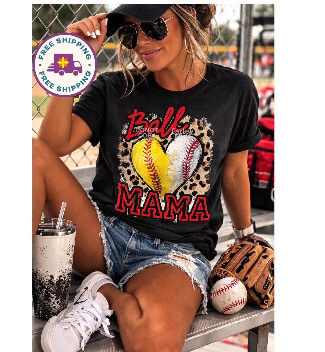 Ball Mama Leopard Heart Shirt, Softball Baseball Mom Graphic Tee