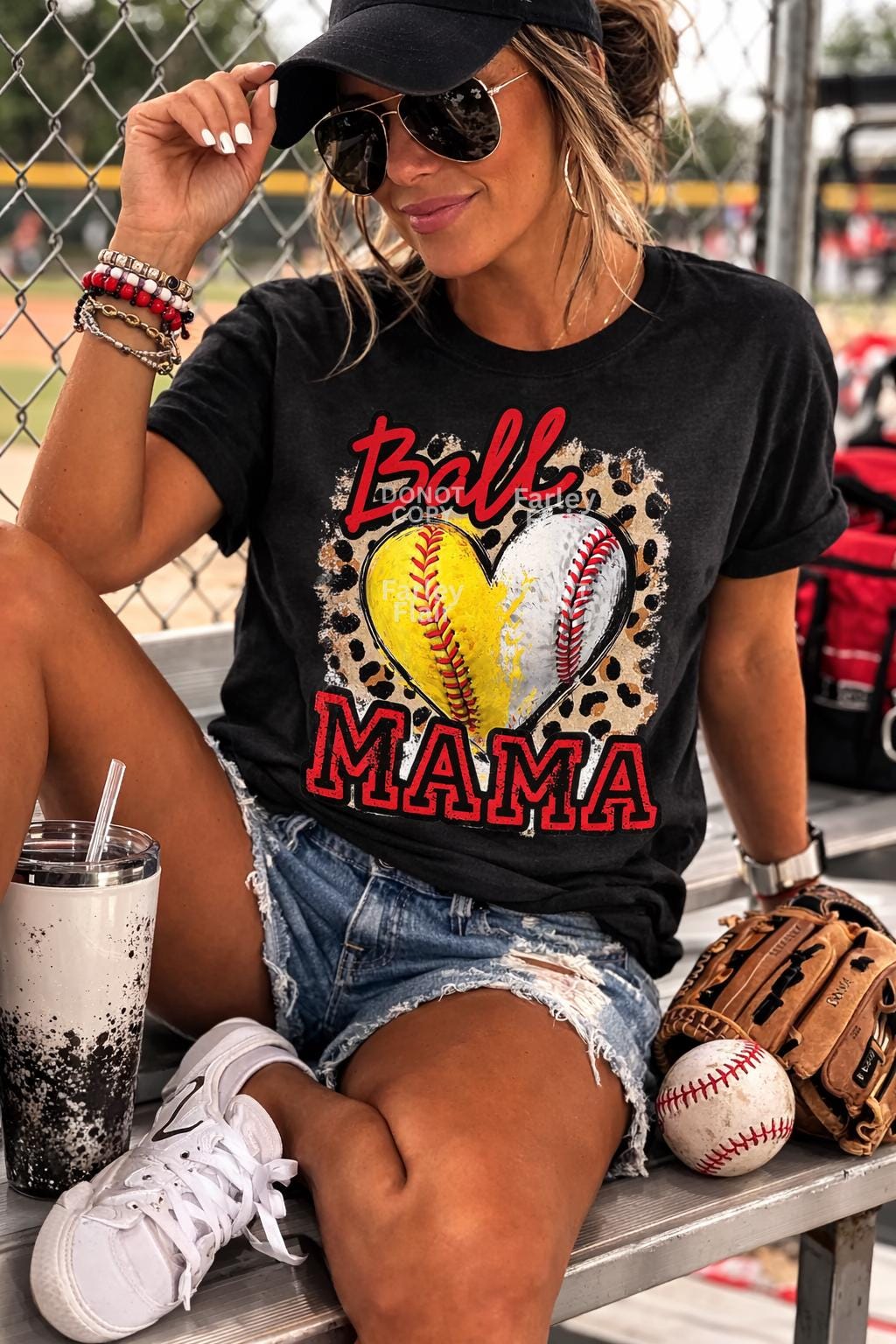 Ball Mama Leopard Heart Shirt, Softball Baseball Mom Graphic Tee