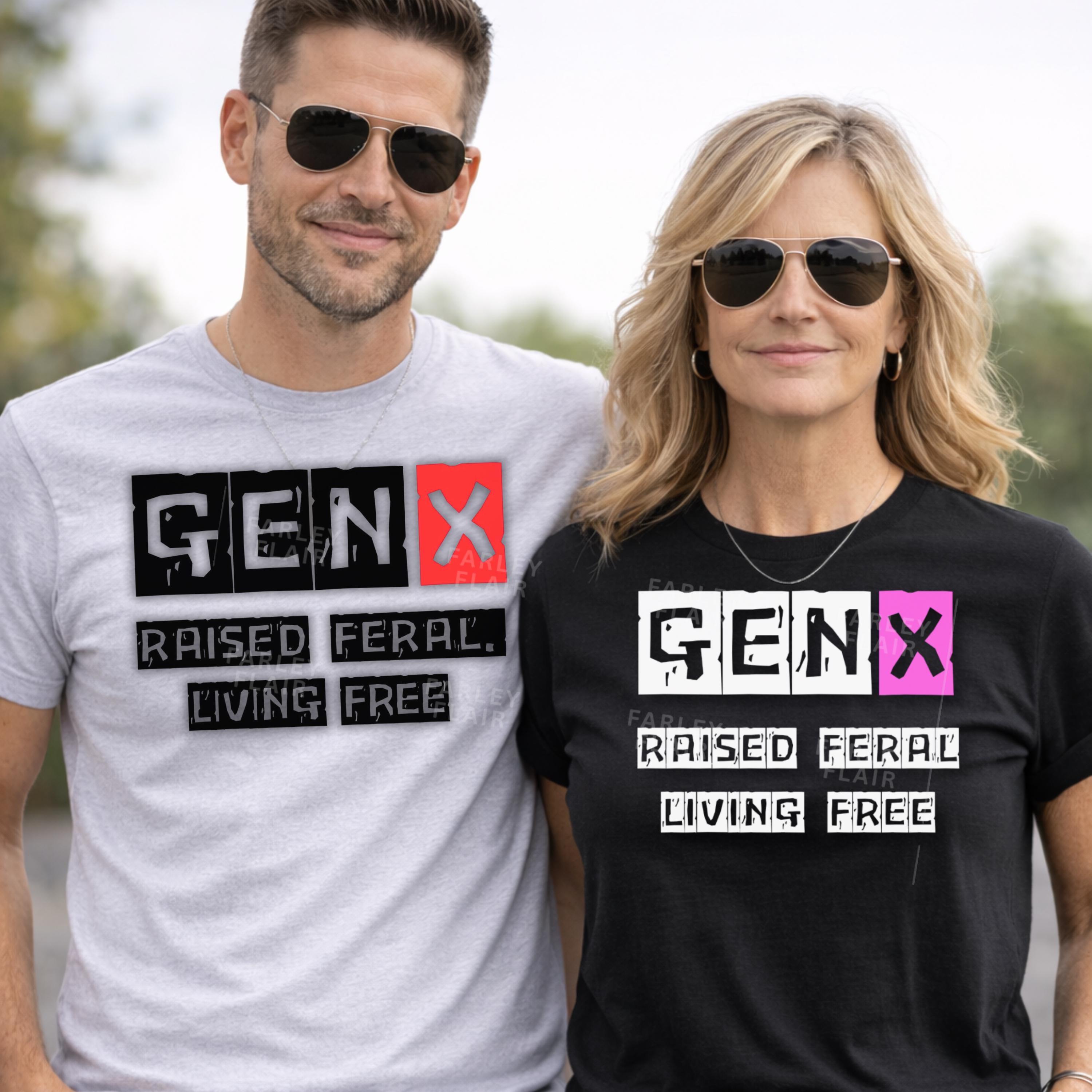 Gen X Couple Shirts, Raised Feral Living Free, 80s 90s Nostalgia Tees