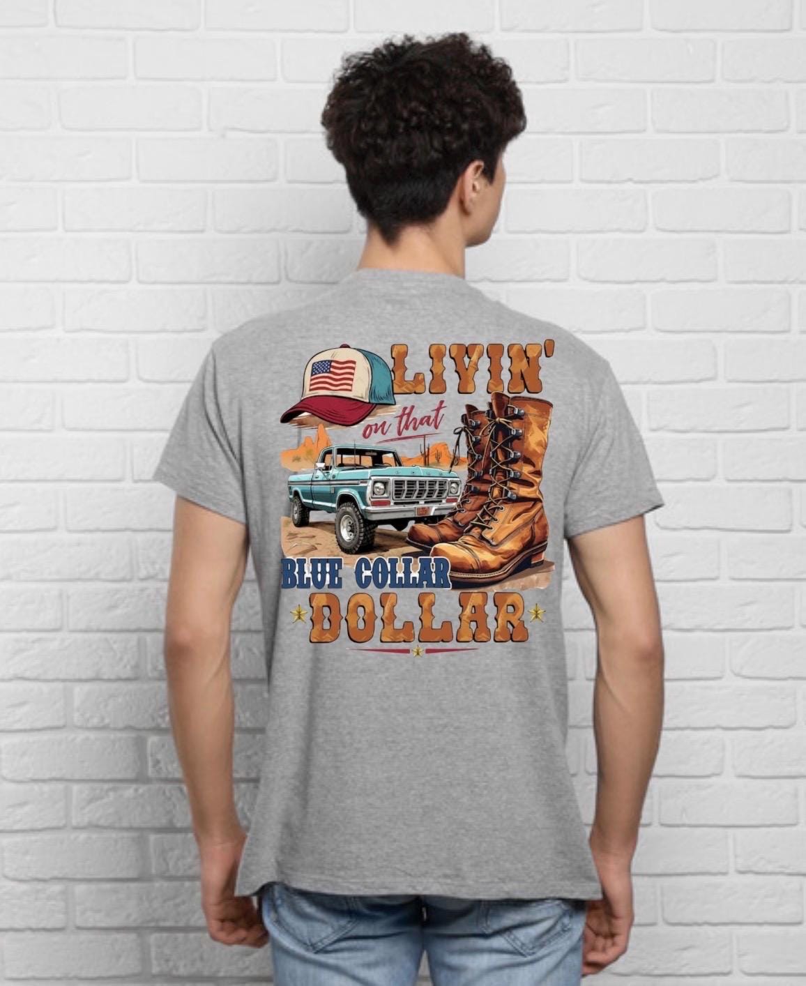Men's Blue Collar Dollar Graphic Tee, Work Hard Lifestyle Shirt, Front Pocket T-Shirt