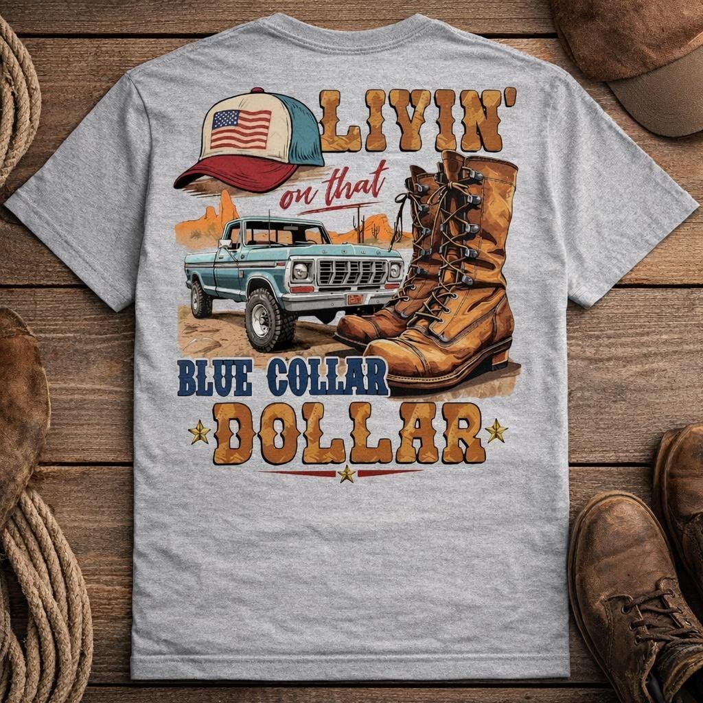 Men's Blue Collar Dollar Graphic Tee, Work Hard Lifestyle Shirt, Front Pocket T-Shirt