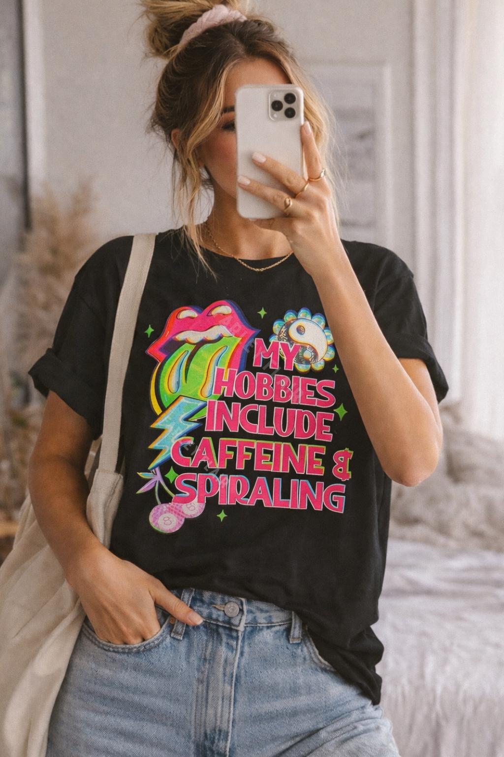 Caffeine Spiraling Retro Neon Graphic Tee, Funny Relatable T-Shirt