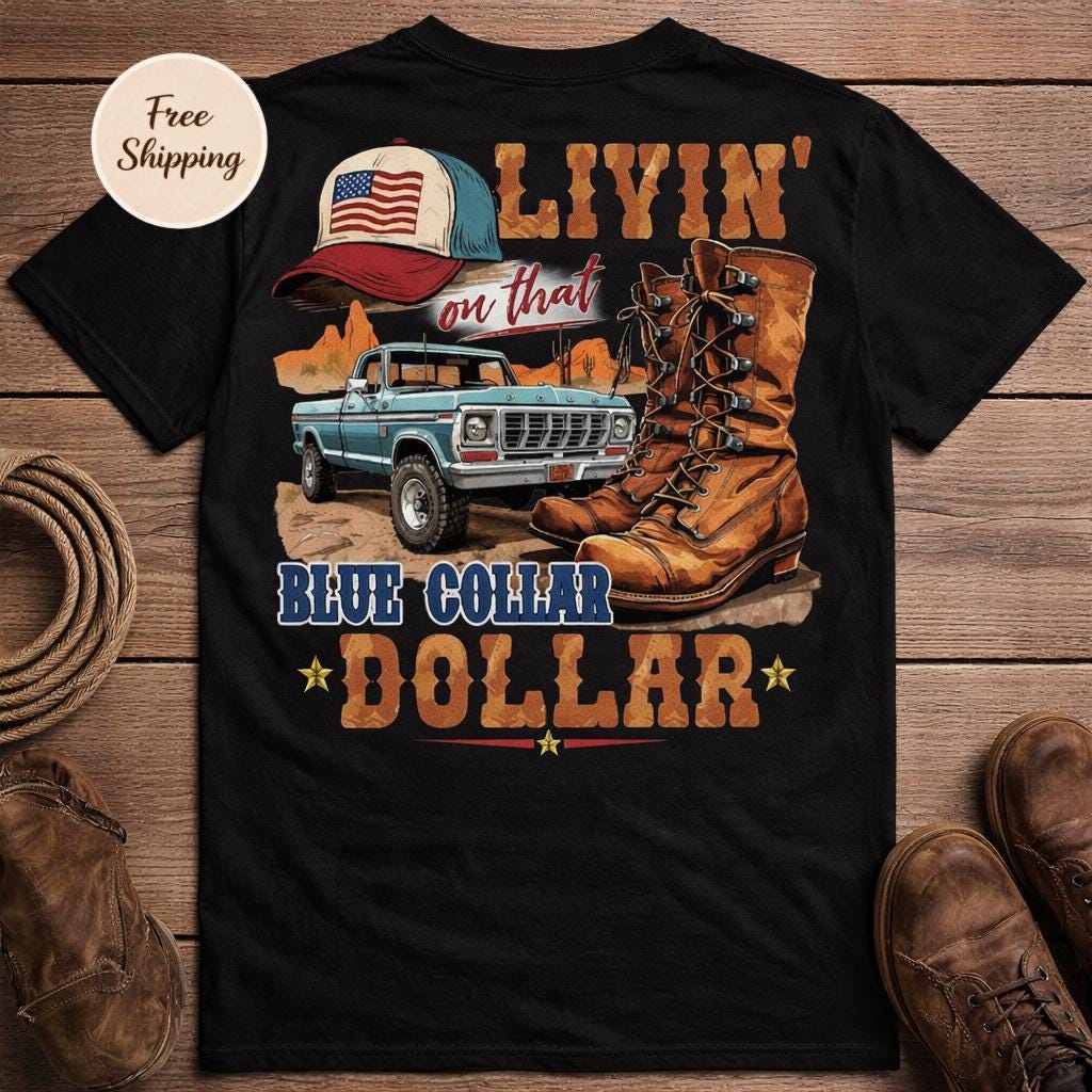 Men's Blue Collar Dollar Graphic Tee, Work Hard Lifestyle Shirt, Front Pocket T-Shirt
