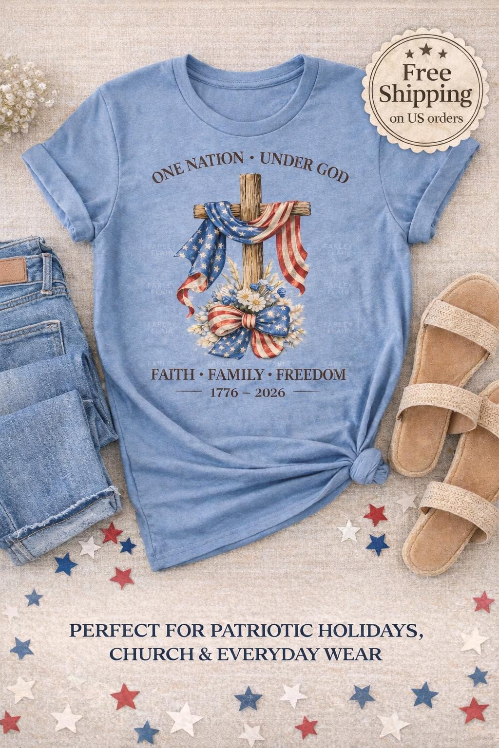 Patriotic Shirt, 4th of July Shirt, Christian Shirt, One Nation Under God Tee, American Flag Shirt, Faith Family Freedom Tee, Mothers Day Gi