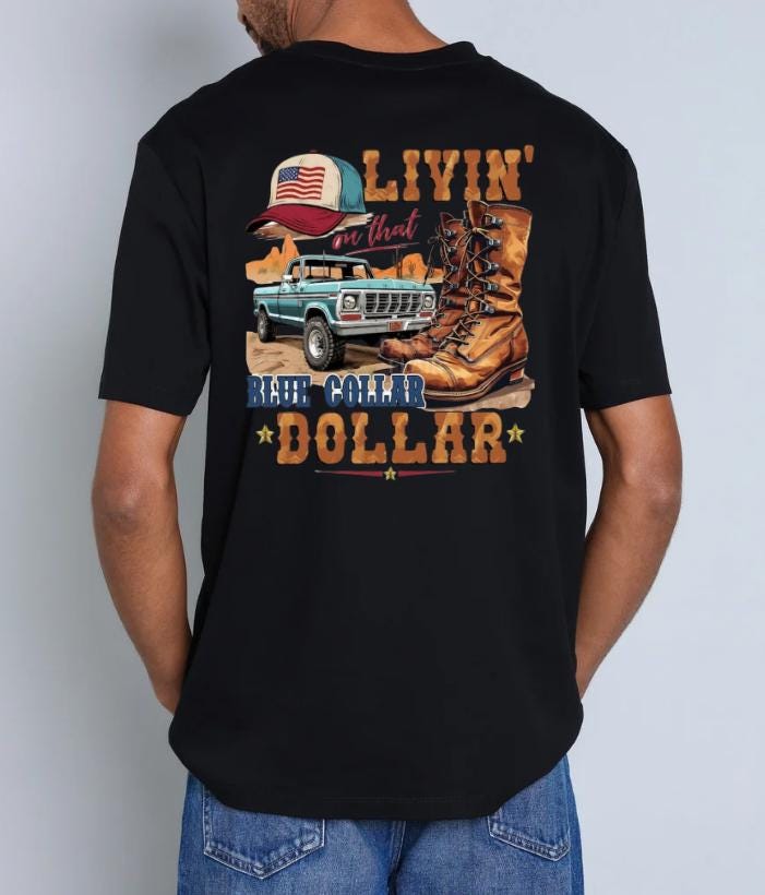 Men's Blue Collar Dollar Graphic Tee, Work Hard Lifestyle Shirt, Front Pocket T-Shirt